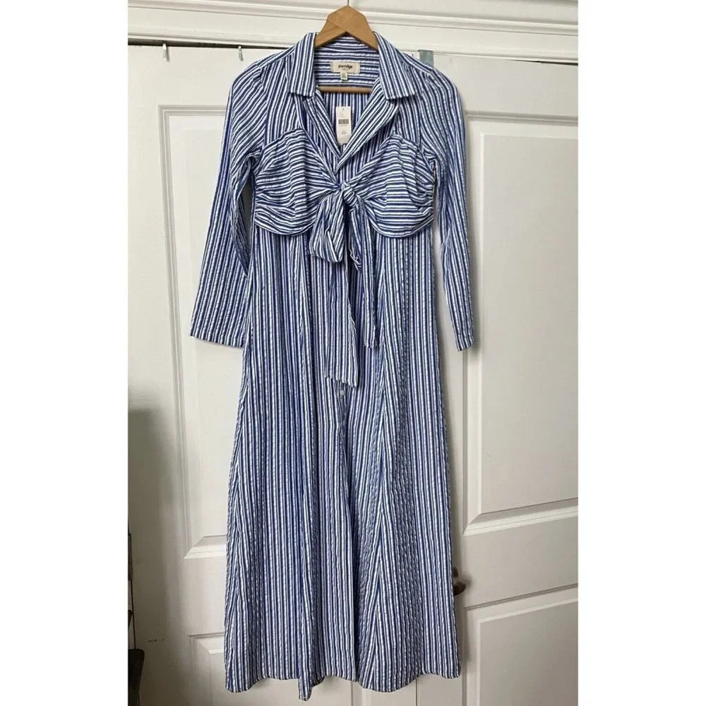 NWT Anthropologie Porridge‎ Maxi Dress Womens XXS Tie Front Blue White Stripe - Picture 2 of 8